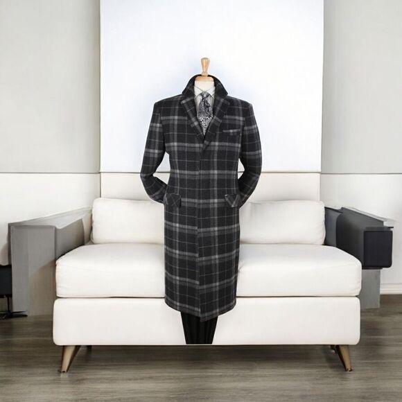MEN'S VENO GIOVANNI 100% WOOL FULL LENGTH BLACK SINGLE BREASTED TOP COAT CS-22. - Picture 1 of 2